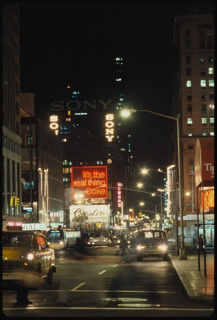 Historic Times Square at night with Sony and Coca-Cola signs